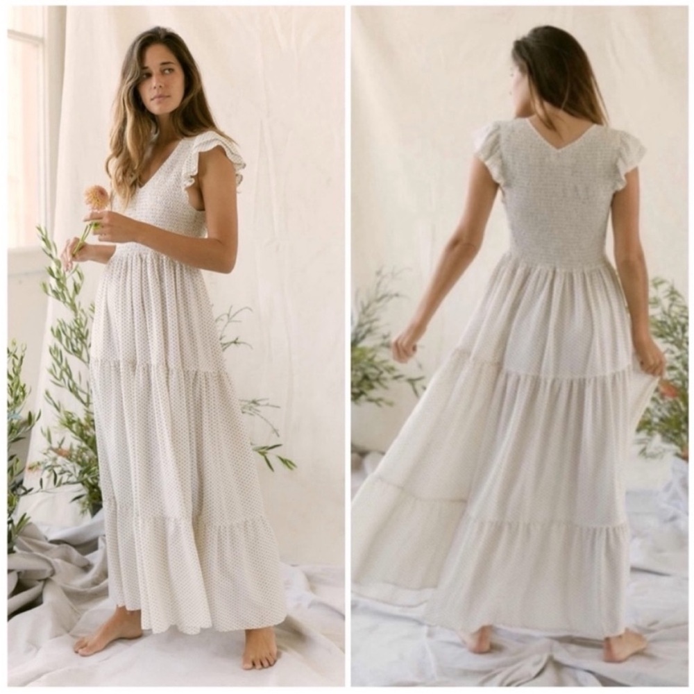 NWT Christy Dawn The Bodie V Neck Smocked Tiered Maxi Dress Alabaster Ditsy